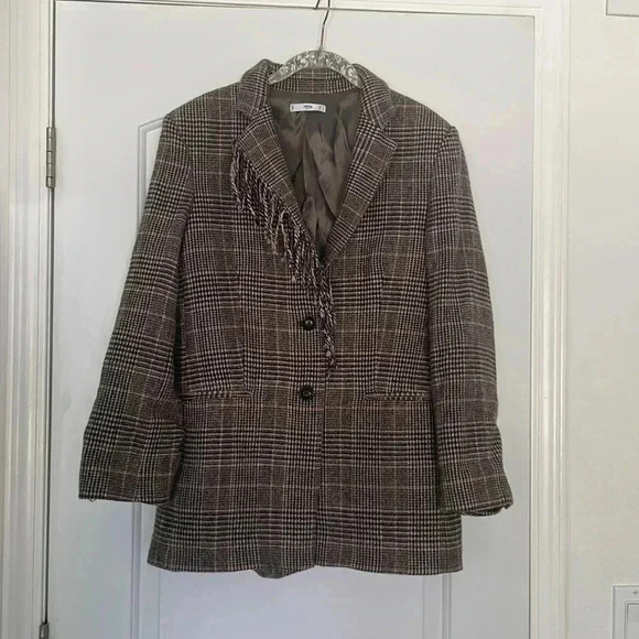 Mango Wool Blend Fringe Plaid Blazer Sz S - Picture 6 of 11